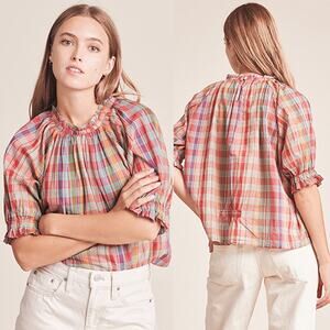NWT Birds of Paradise Shelia Tapestry Red Plaid Balloon Sleeve Blouse Top